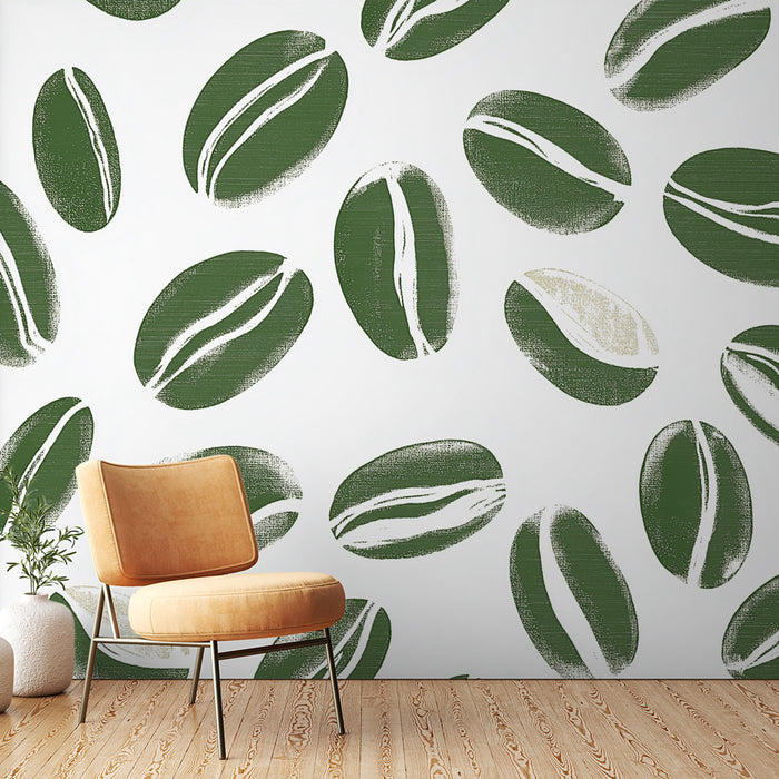 Papier peint élégant avec motif de grains de café stylisés sur fond blanc pour cuisine moderne