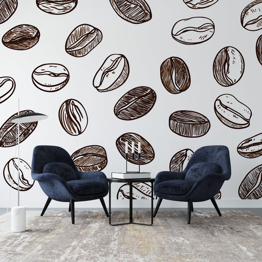 Un salon moderne avec un papier peint illustré de grains de café stylisés en brun sur fond blanc, créant une ambiance chaleureuse et conviviale.