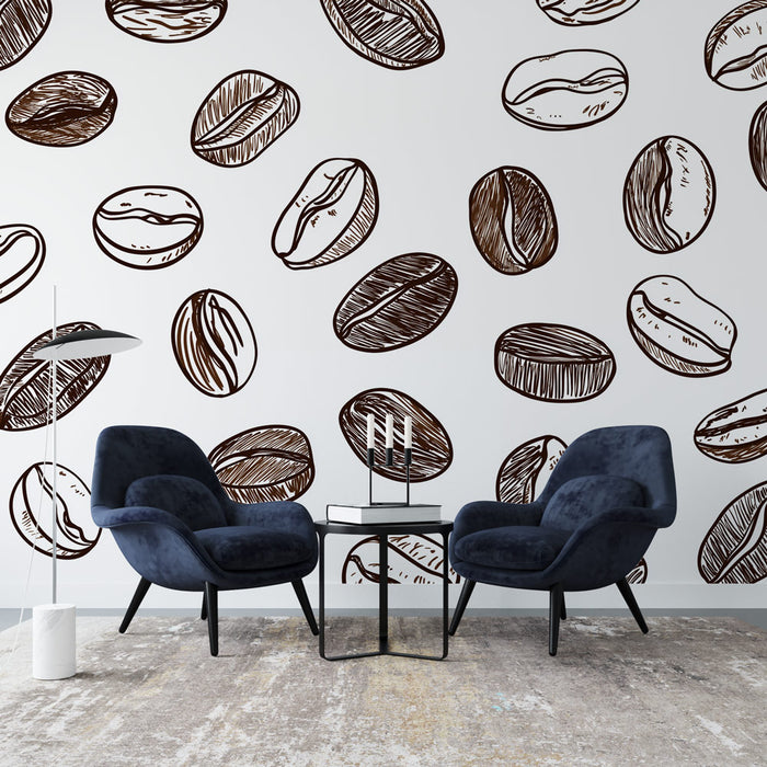 Un salon moderne avec un papier peint illustré de grains de café stylisés en brun sur fond blanc, créant une ambiance chaleureuse et conviviale.
