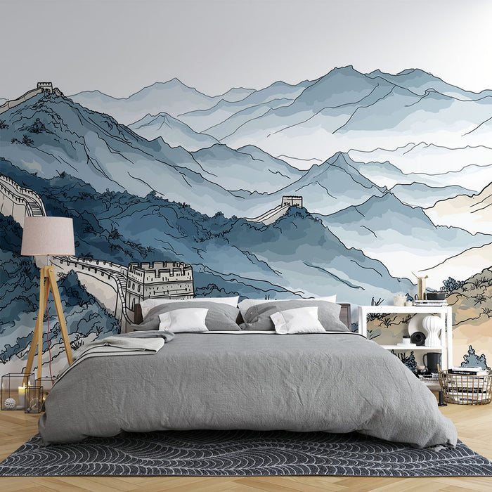 Une chambre moderne avec un papier peint représentant la Grande Muraille de Chine, dans des teintes de bleu et beige évoquant une atmosphère apaisante et naturelle.