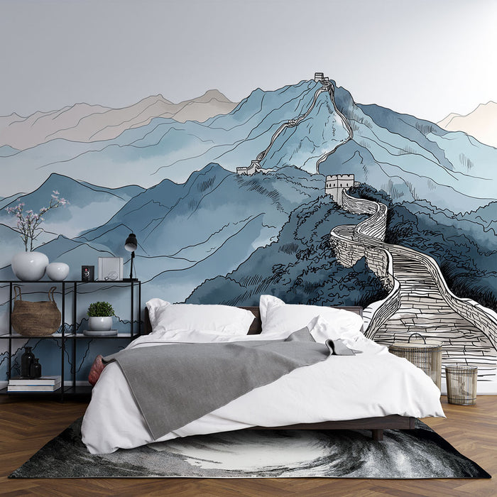 Une chambre moderne avec un papier peint illustrant la Grande Muraille de Chine dans des teintes de bleu, créant une ambiance apaisante et contemplative.
