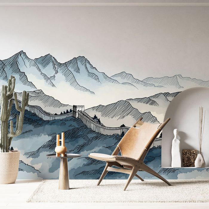Une pièce moderne avec un papier peint représentant des montagnes stylisées et la Grande Muraille de Chine, créant une ambiance apaisante et contemplative.
