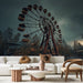 Un salon contemporain avec un papier peint représentant une grande roue de parc d'attractions abandonnée, créant une atmosphère nostalgique et mystérieuse.