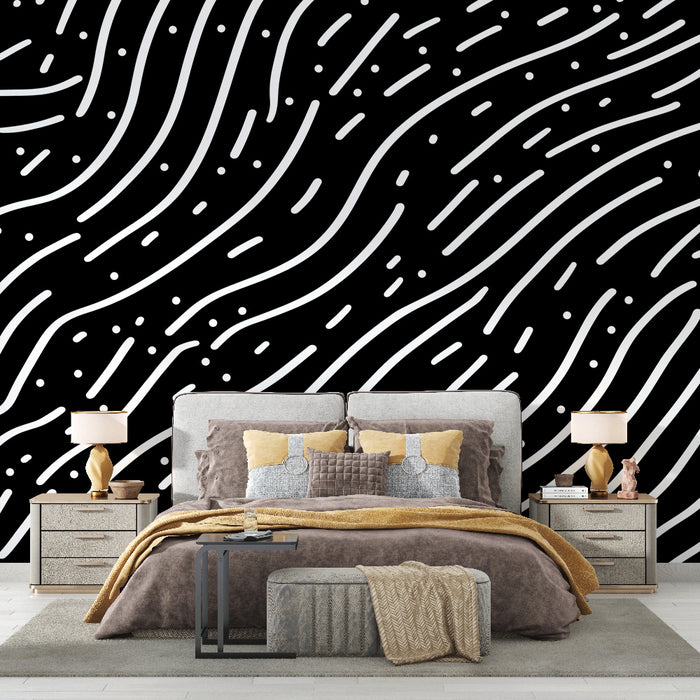 Une chambre moderne avec un papier peint noir orné de lignes blanches fluides et de points, créant une atmosphère dynamique et contemporaine.