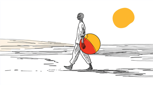 Papier peint graphique plage Silhouette d'une personne marchant avec un ballon coloré sur le sable