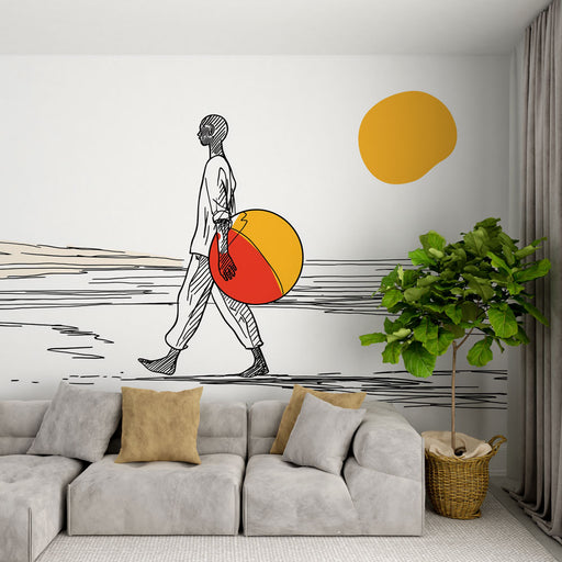 Une pièce moderne avec un papier peint illustratif représentant un personnage marchant sur la plage, accompagné de couleurs vives et d'une ambiance estivale et joyeuse.