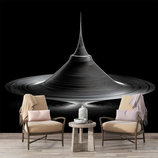 Une salle de séjour contemporaine avec un papier peint abstrait en noir et blanc représentant des lignes spirales évoquant une dynamique élégante et moderne.