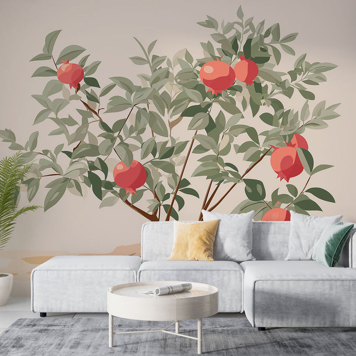 Un salon lumineux avec un papier peint illustrant des grenadiers aux fruits rouges et feuillage vert, créant une atmosphère naturelle et accueillante.