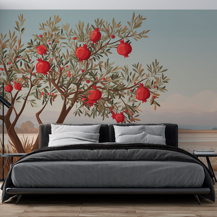 Une chambre moderne avec un papier peint représentant un grenadier aux fruits rouges, créant une ambiance chaleureuse et naturelle.