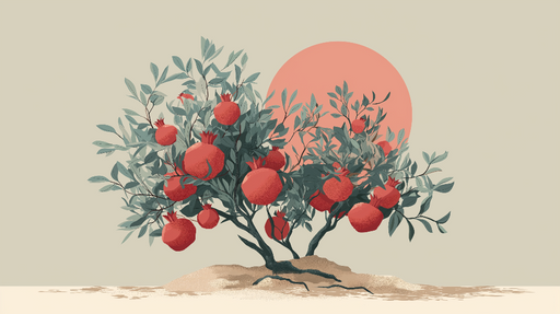 Papier peint grenadier Un grenadier avec des fruits rouges et un soleil pastel