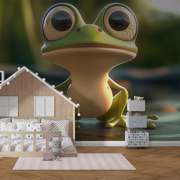Papier peint grenouille adorable avec illustration de grenouille aux grands yeux pour chambre d'enfant.