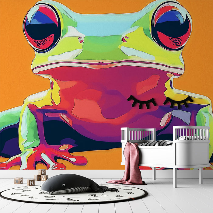Papier peint grenouille colorée avec illustration artistique sur fond orange pour chambre enfant