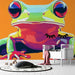 Papier peint grenouille colorée avec illustration artistique sur fond orange pour chambre enfant