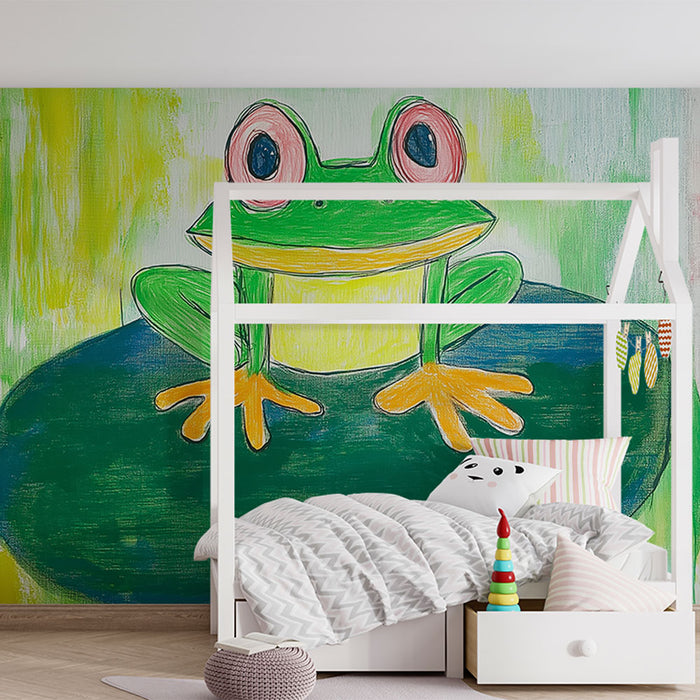 Papier peint coloré avec grenouille joyeuse sur fond aquatique pour chambre d'enfant