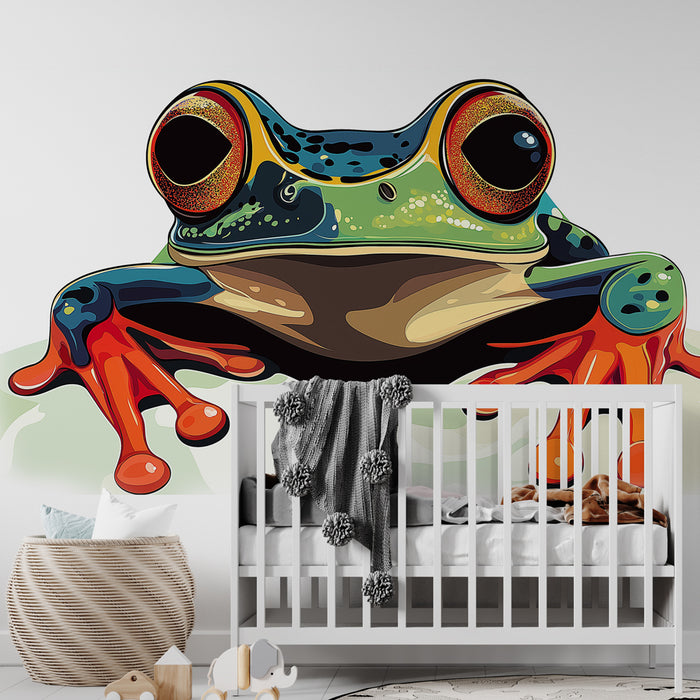 Papier peint grenouille colorée avec illustration vibrante pour chambre d'enfant.
