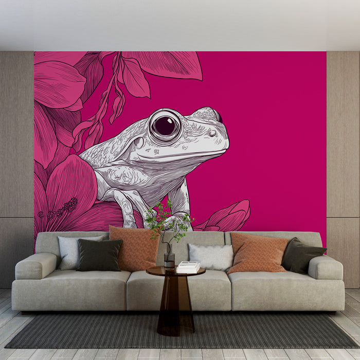 Une pièce moderne avec un papier peint fuchsia illustrant une grenouille stylisée entourée de fleurs, créant une ambiance vibrante et artistique.