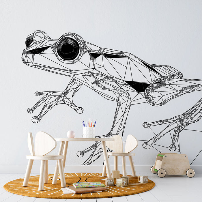 Papier peint grenouille géométrique filaire noir sur fond blanc pour chambre enfant moderne