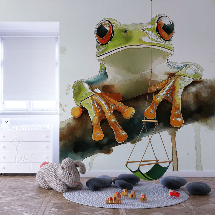 Papier peint grenouille colorée sur branche avec fond apaisant pour chambre enfant