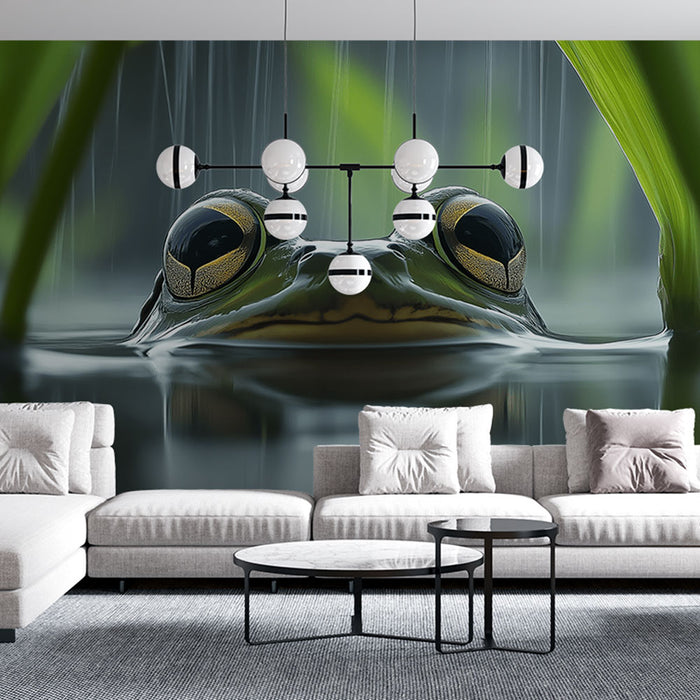 Papier peint grenouille émergeant de l'eau sous la pluie pour salon moderne et nature