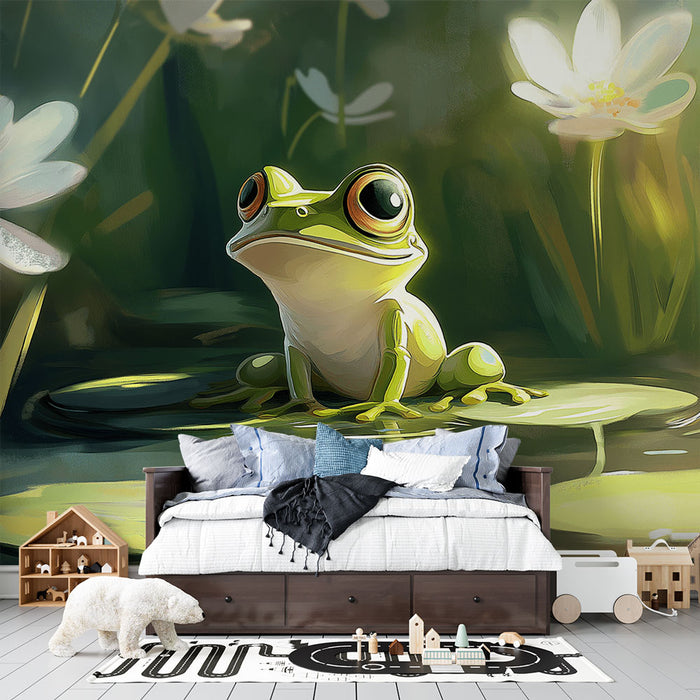 Papier peint grenouille joyeuse sur nénuphars dans un paysage aquatique pour chambre d'enfant.