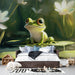 Papier peint grenouille joyeuse sur nénuphars dans un paysage aquatique pour chambre d'enfant.