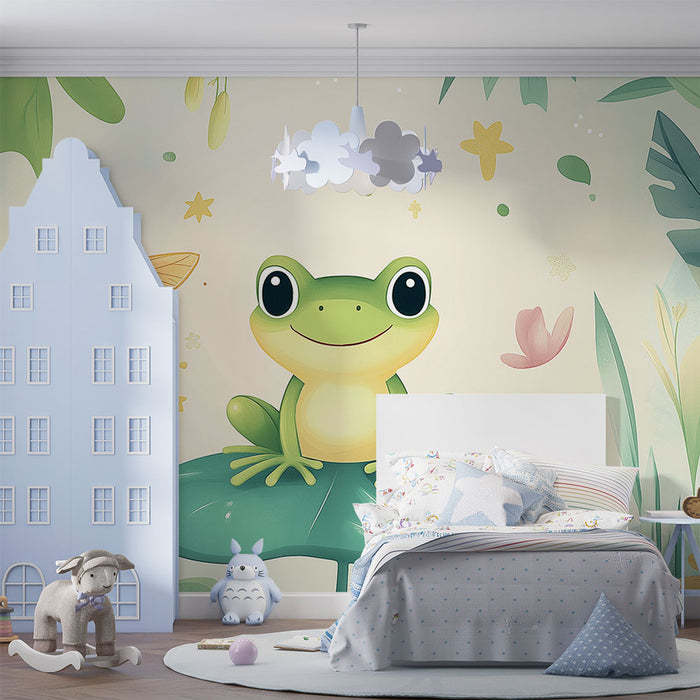 Papier peint enfant grenouille joyeuse sur une feuille avec fleurs colorées pour chambre ludique.