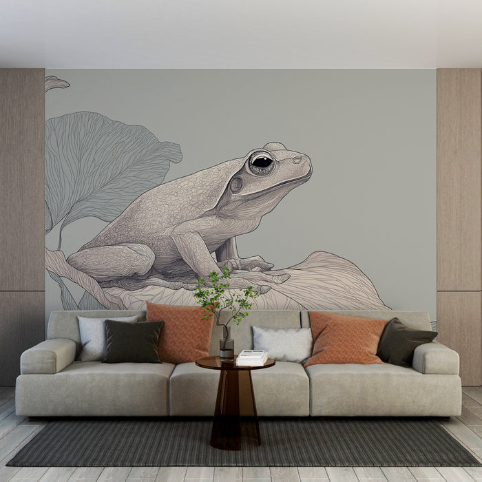 Un salon moderne avec un papier peint illustrant une grenouille stylisée sur une feuille, créant une ambiance artistique et naturelle.