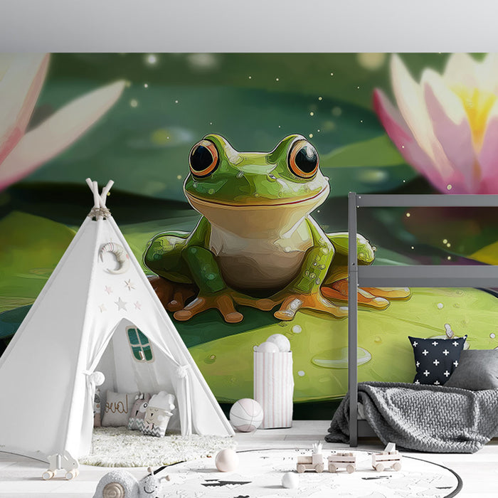 Papier peint grenouille verte sur feuille de nénuphar avec fleurs en arrière-plan pour chambre d'enfant.