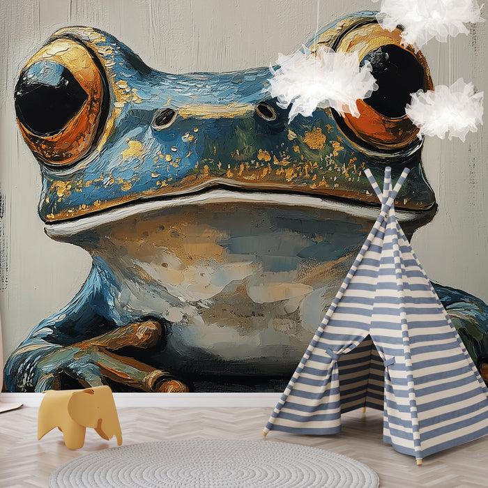 Papier peint grenouille colorée avec illustration artistique pour chambre d'enfant.