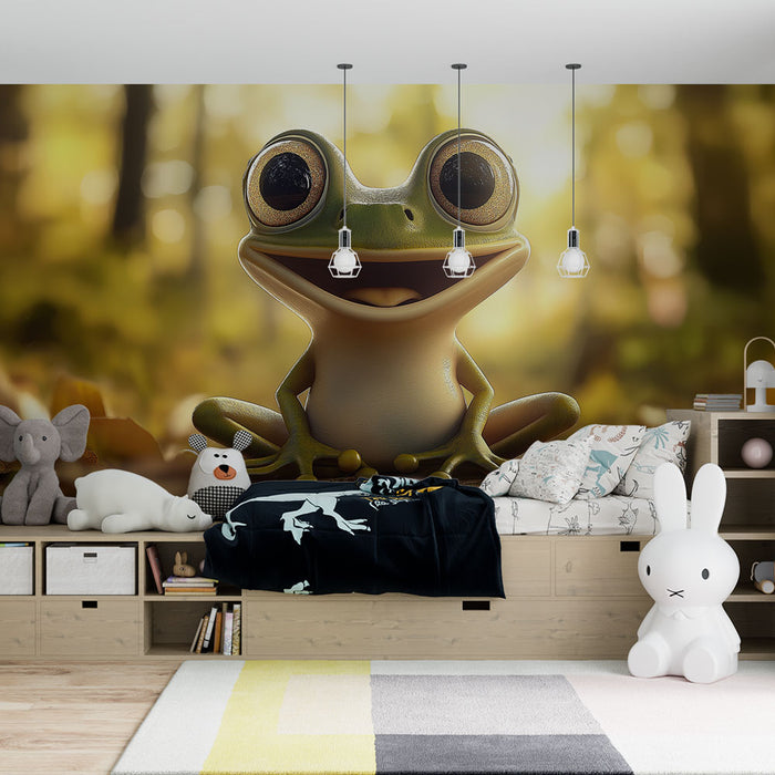 Papier peint forêt avec illustration de grenouille souriante pour chambre d'enfant.