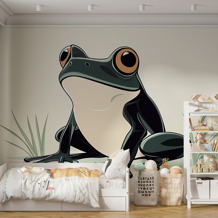 Papier peint grenouille stylisée sur fond doux pour chambre d'enfant moderne.