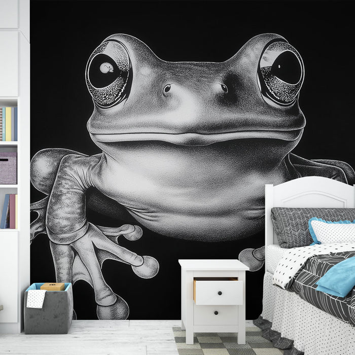Papier peint grenouille avec illustration réaliste sur fond noir pour chambre moderne.