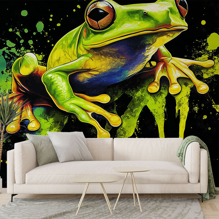 Papier peint grenouille vibrante sur fond noir pour salon moderne et audacieux