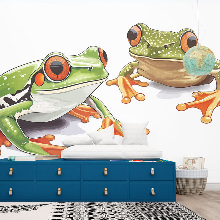 Papier peint grenouille avec illustrations colorées de grenouilles vibrantes pour chambre d'enfant.