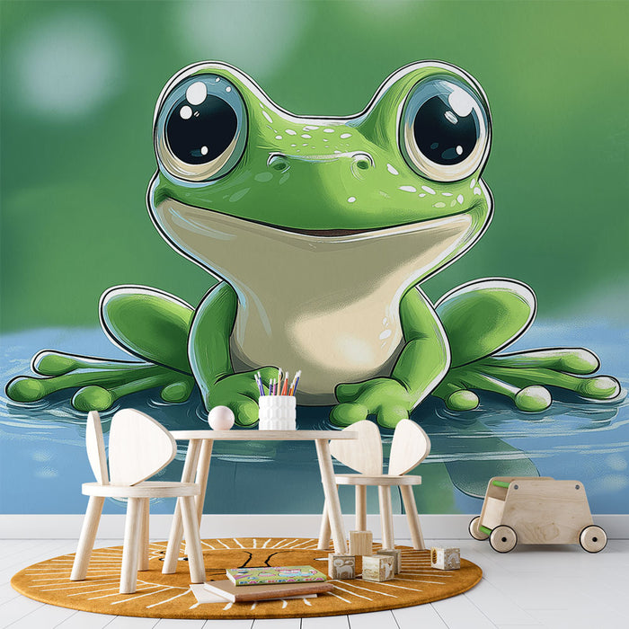 Papier peint grenouille verte souriante sur fond aquatique pour chambre d'enfant