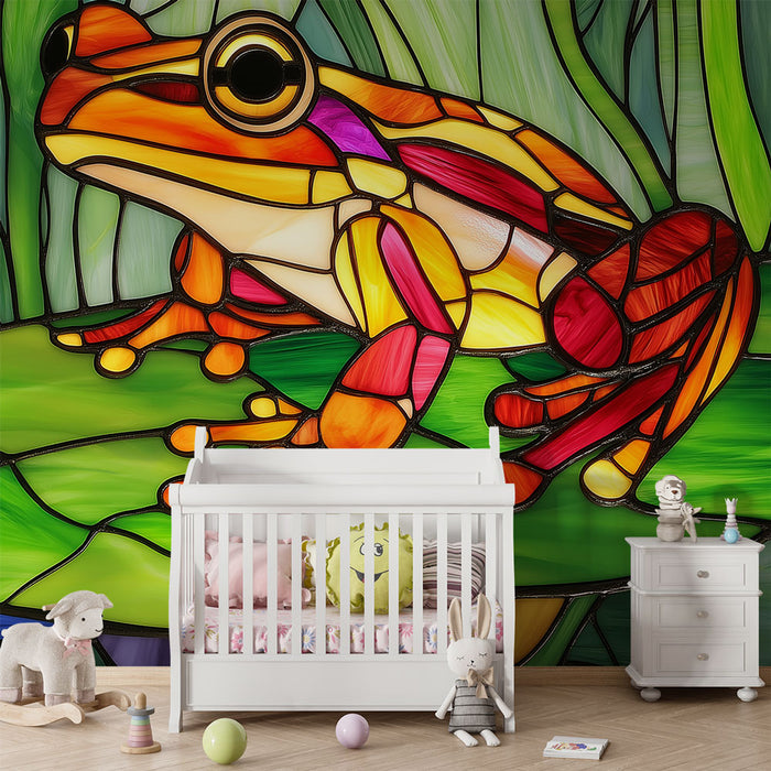 Papier peint grenouille colorée en vitrail sur feuilles de nénuphar pour chambre d'enfant.