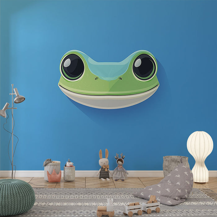 Papier peint grenouille avec visage stylisé sur fond bleu pour chambre d'enfant moderne