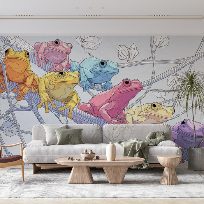 Un salon moderne avec un papier peint coloré représentant des grenouilles stylisées sur une branche, créant une ambiance ludique et artistique.