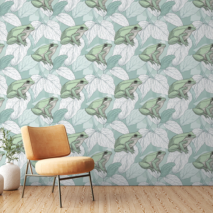 Une pièce moderne avec un papier peint tropical représentant des grenouilles vertes sur un fond de feuilles délicates, créant une ambiance fraîche et naturelle.