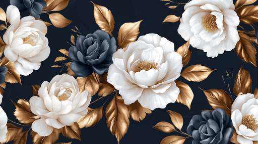 Papier peint grosses fleurs Entre bleu blanc et doré