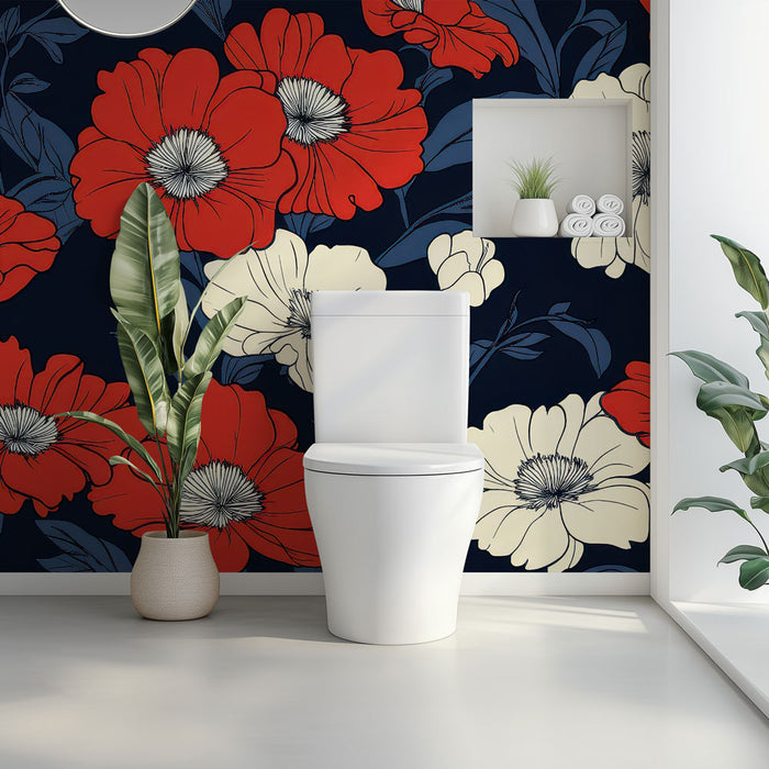 Papier peint toilette | Motif floral audacieux en rouge, blanc et bleu