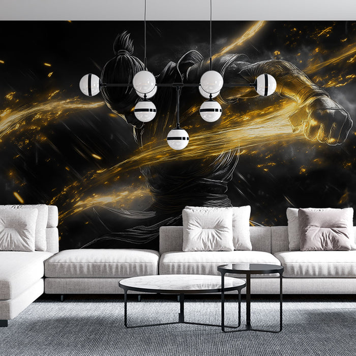Un salon moderne avec un papier peint artistique représentant un personnage dynamique sur fond noir, agrémenté de touches dorées évoquant une atmosphère énergique et captivante.