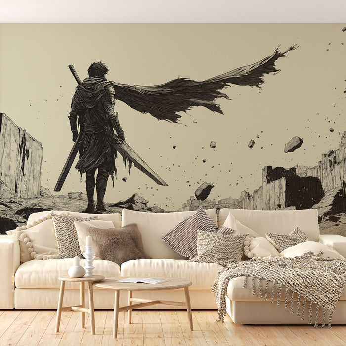 Papier peint guerrier | Silhouette héroïque sur fond apocalyptique