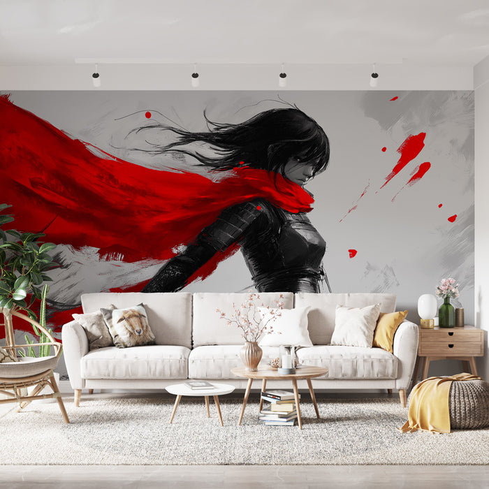 Papier peint guerrière | Silhouette mystérieuse avec une cape rouge éclatante