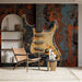 Papier peint vintage guitare électrique avec finition usée et esthétique rustique pour salon moderne
