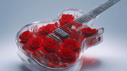 Papier peint guitare en verre avec roses Guitare transparente ornée de roses rouges éclatantes