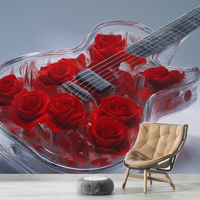 Papier peint guitare en verre avec roses | Guitare transparente ornée de roses rouges éclatantes