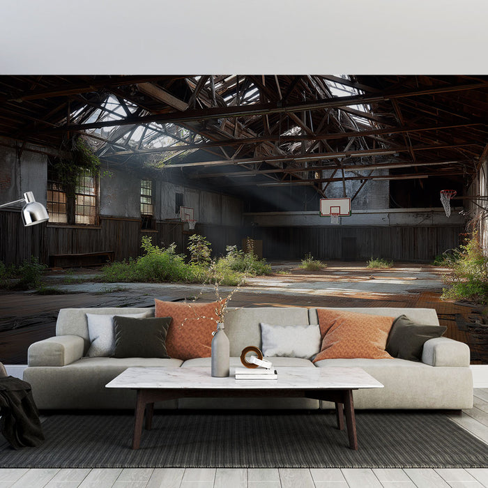 Une pièce de vie moderne avec un papier peint représentant un gymnase abandonné, mêlant végétation luxuriante et lumière naturelle, créant une atmosphère nostalgique et apaisante.