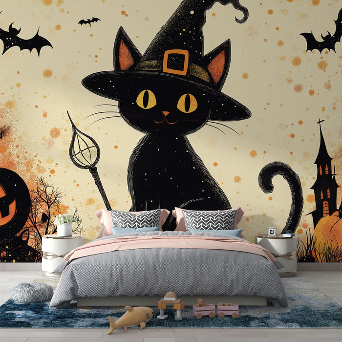 Papier peint Halloween | Chat noir sorcier au milieu des citrouilles et chauves-souris