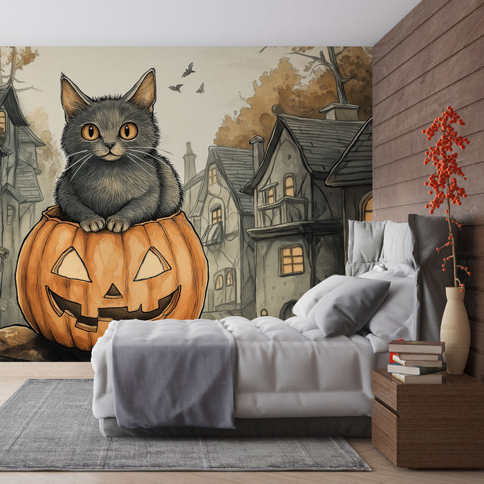 Papier peint Halloween | Chat sur une citrouille dans un décor mystérieux